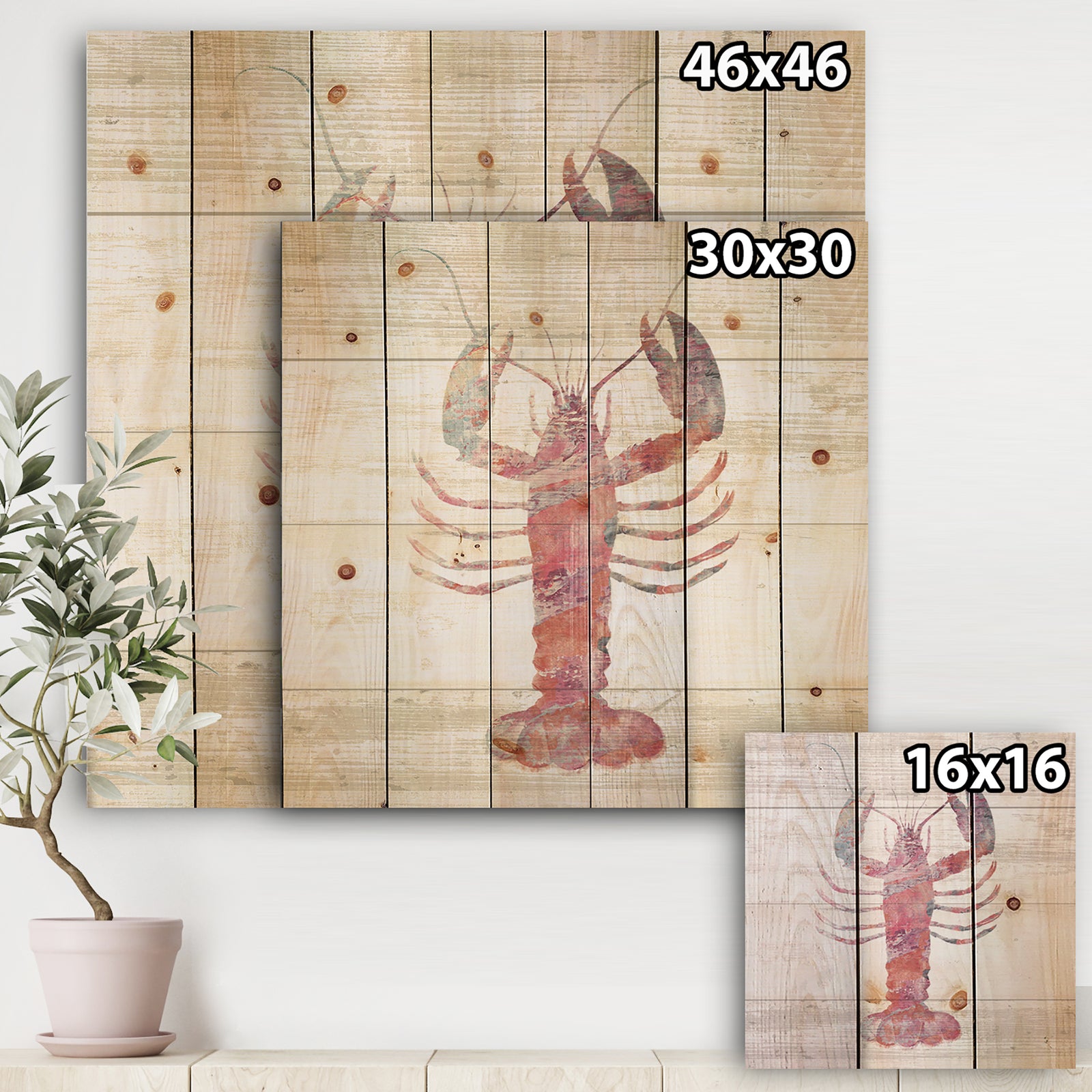 Pink lobster Ocean Life - Nautical & Coastal Print on Natural Pine Wood