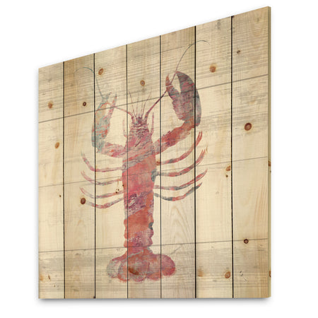 Pink lobster Ocean Life - Nautical & Coastal Print on Natural Pine Wood