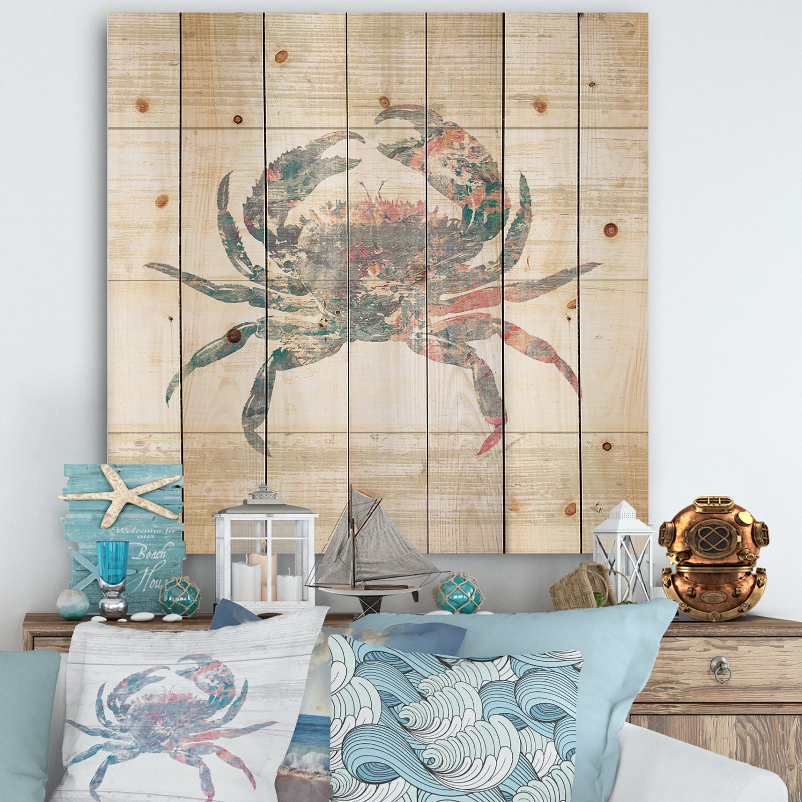 Pink Crab Ocean Life - Nautical & Coastal Print on Natural Pine Wood