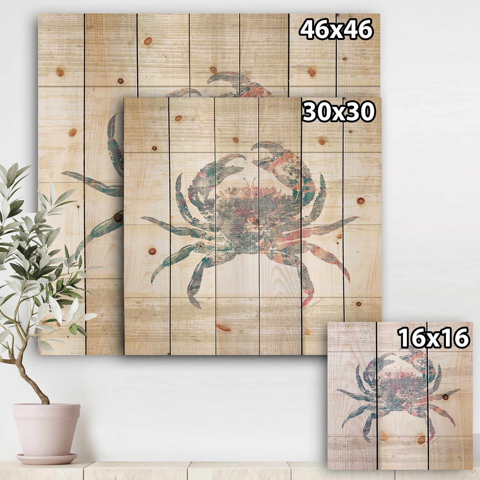 Pink Crab Ocean Life - Nautical & Coastal Print on Natural Pine Wood