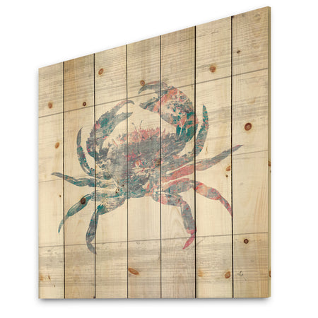 Pink Crab Ocean Life - Nautical & Coastal Print on Natural Pine Wood