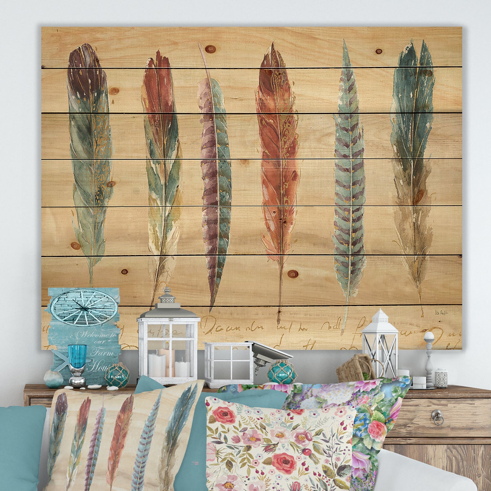 Feathers Cottage Family - Lake House Print on Natural Pine Wood