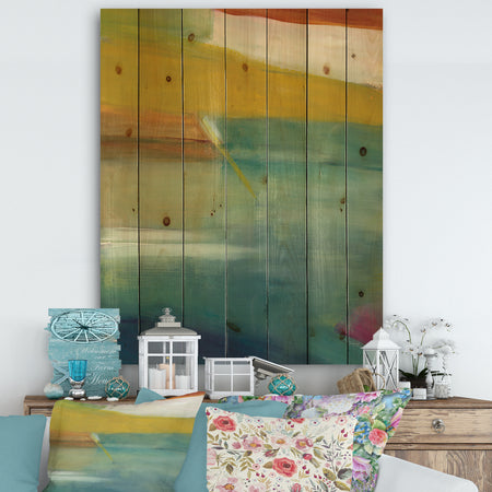 Waterpainting Impression of Indigo And Green - Modern & Contemporary Print on Natural Pine Wood