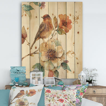 Farmhouse Bird on Flower Branch - Traditional Print on Natural Pine Wood