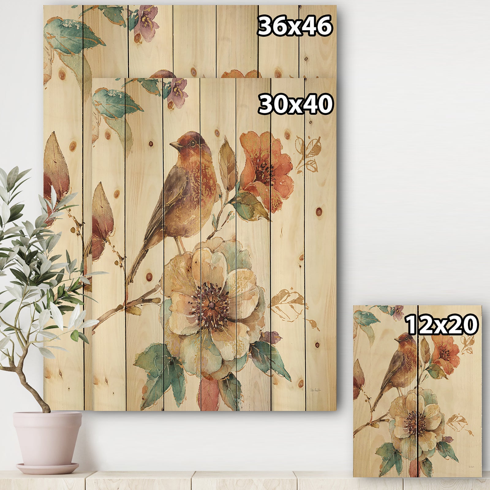 Farmhouse Bird on Flower Branch - Traditional Print on Natural Pine Wood
