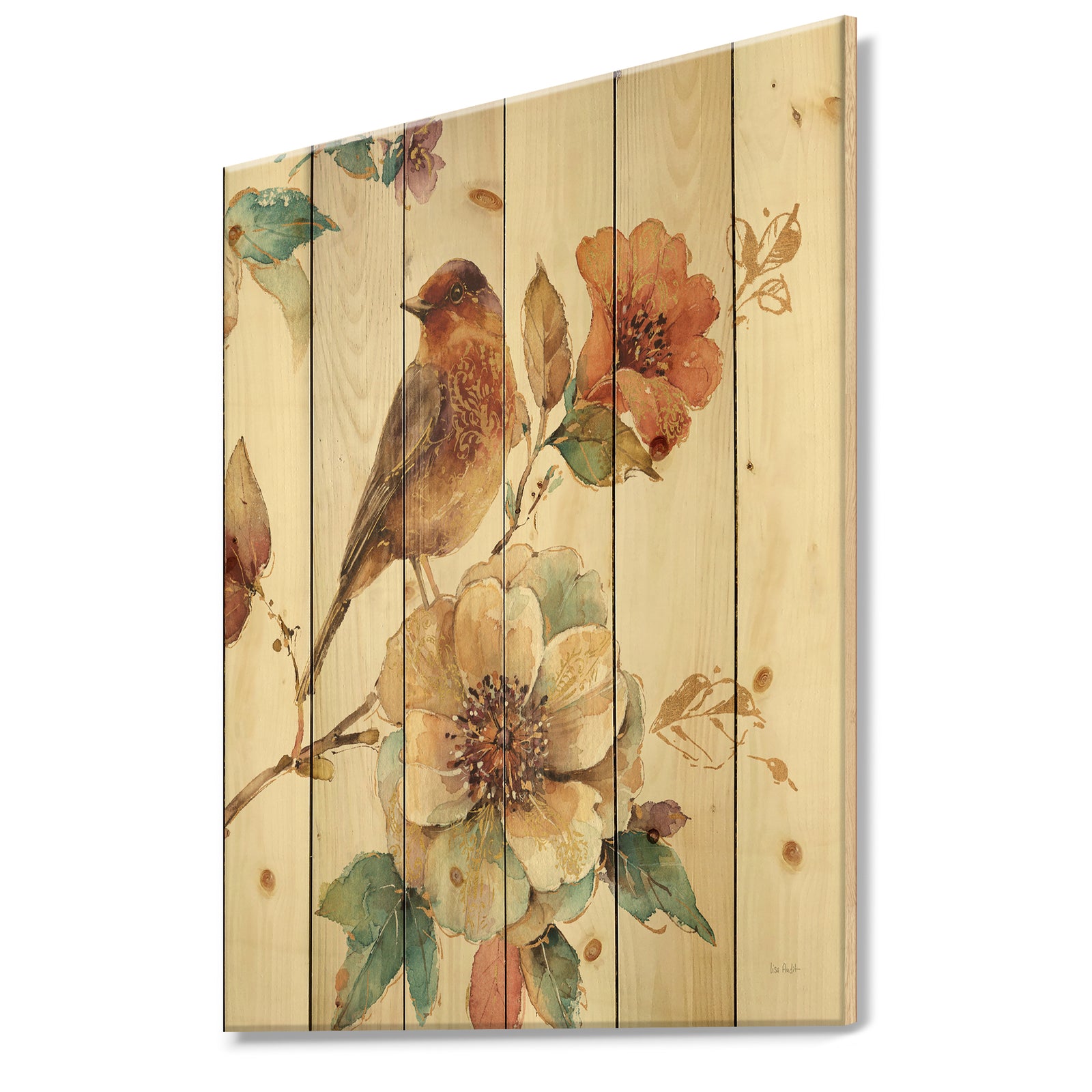 Farmhouse Bird on Flower Branch - Traditional Print on Natural Pine Wood