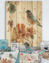 Cottage Bird on Orange Flower Twig - Traditional Print on Natural Pine Wood