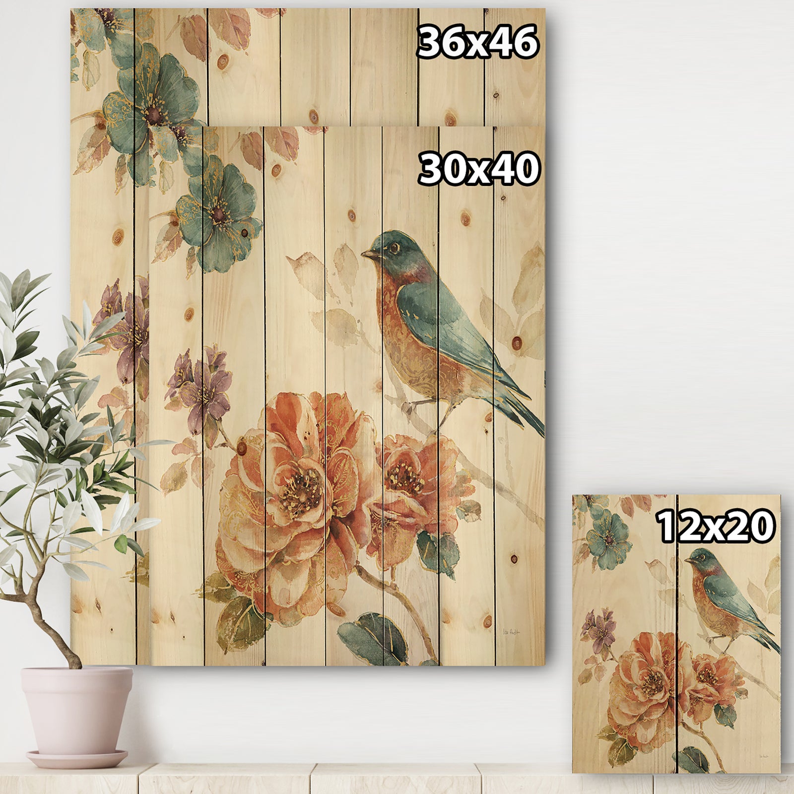 Cottage Bird on Orange Flower Twig - Traditional Print on Natural Pine Wood