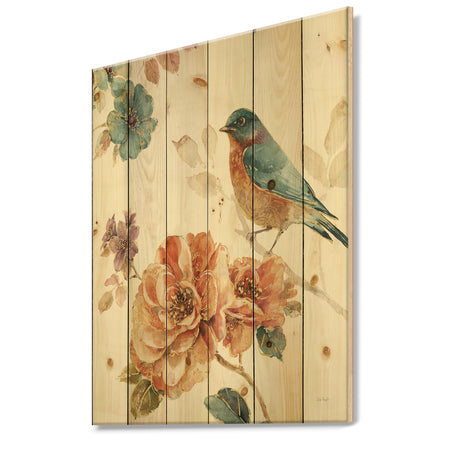 Cottage Bird on Orange Flower Twig - Traditional Print on Natural Pine Wood