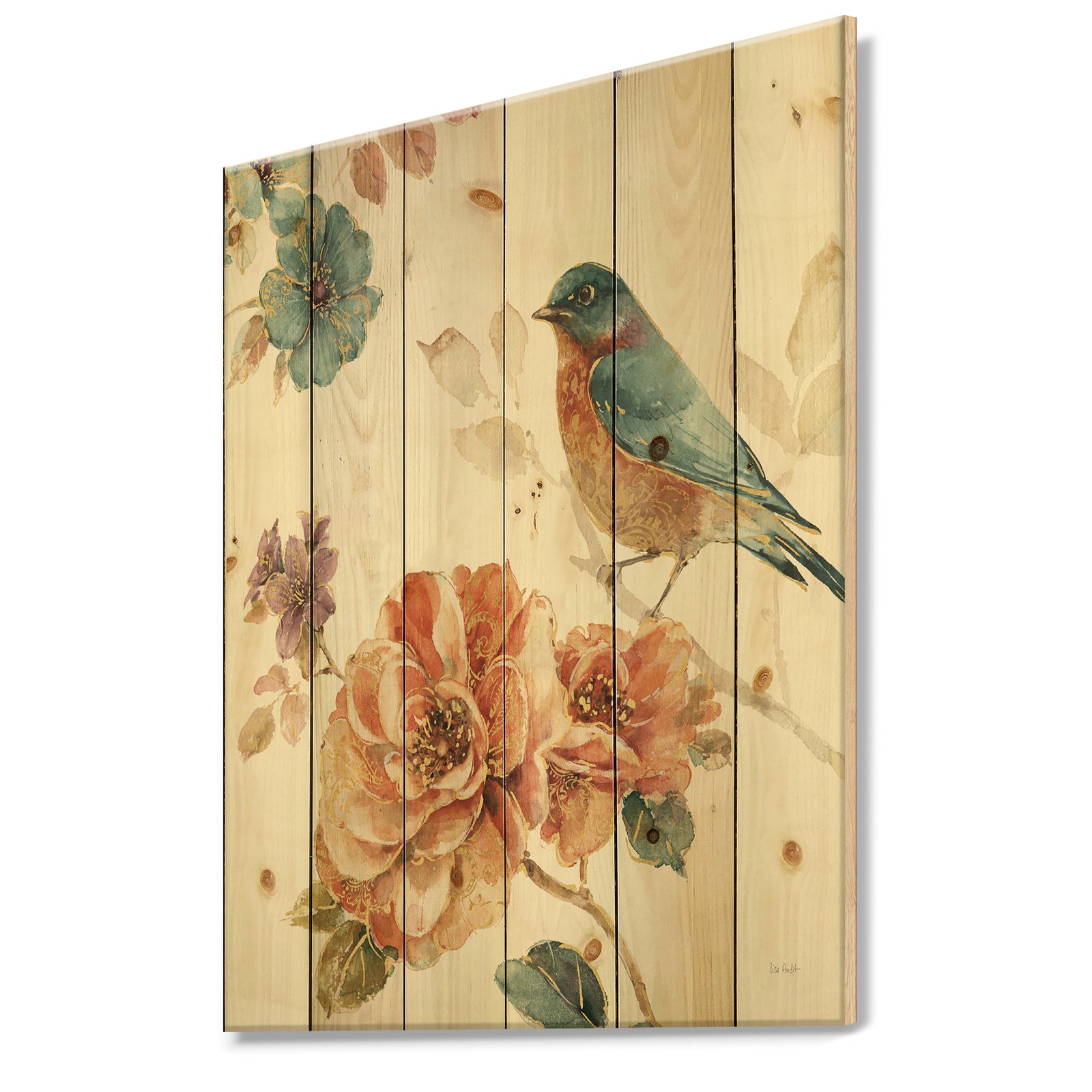 Cottage Bird on Orange Flower Twig - Traditional Print on Natural Pine Wood