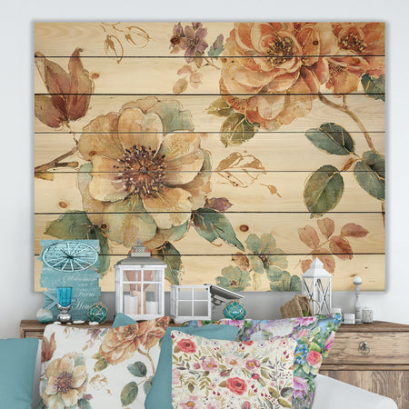 Orange and Cream Cottage Flowers Twig - Traditional Print on Natural Pine Wood