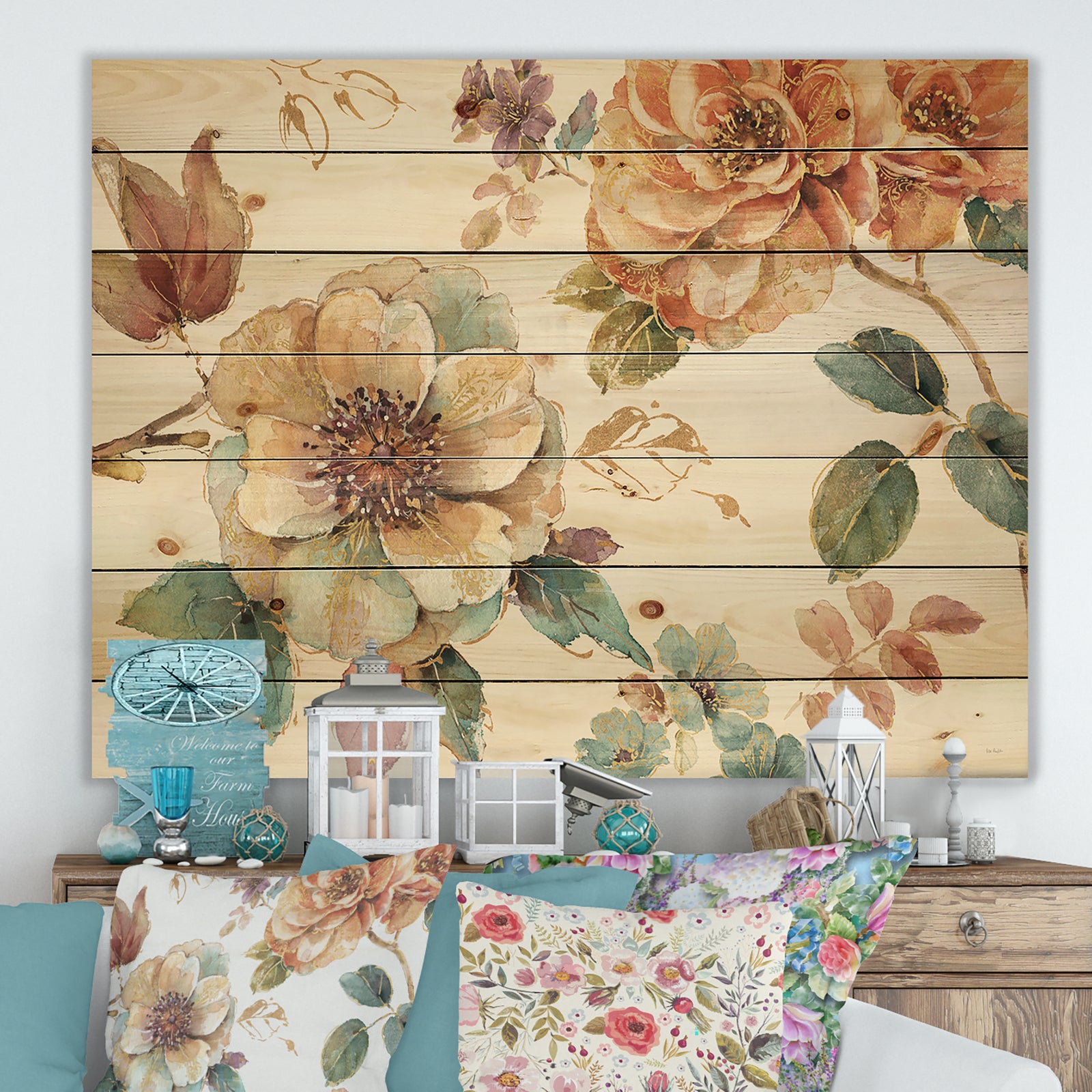 Orange and Cream Cottage Flowers Twig - Traditional Print on Natural Pine Wood
