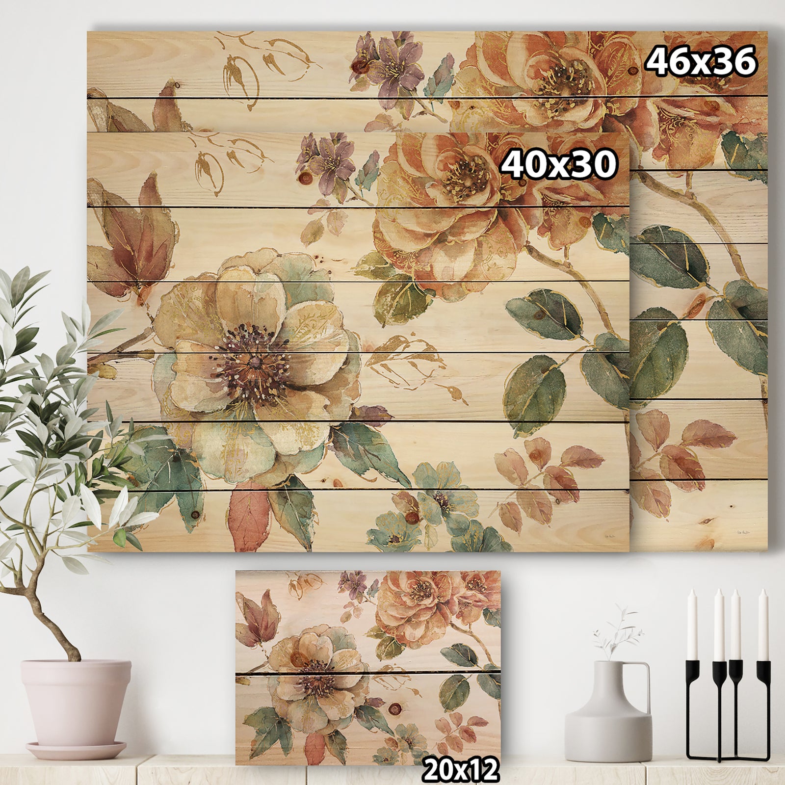 Orange and Cream Cottage Flowers Twig - Traditional Print on Natural Pine Wood