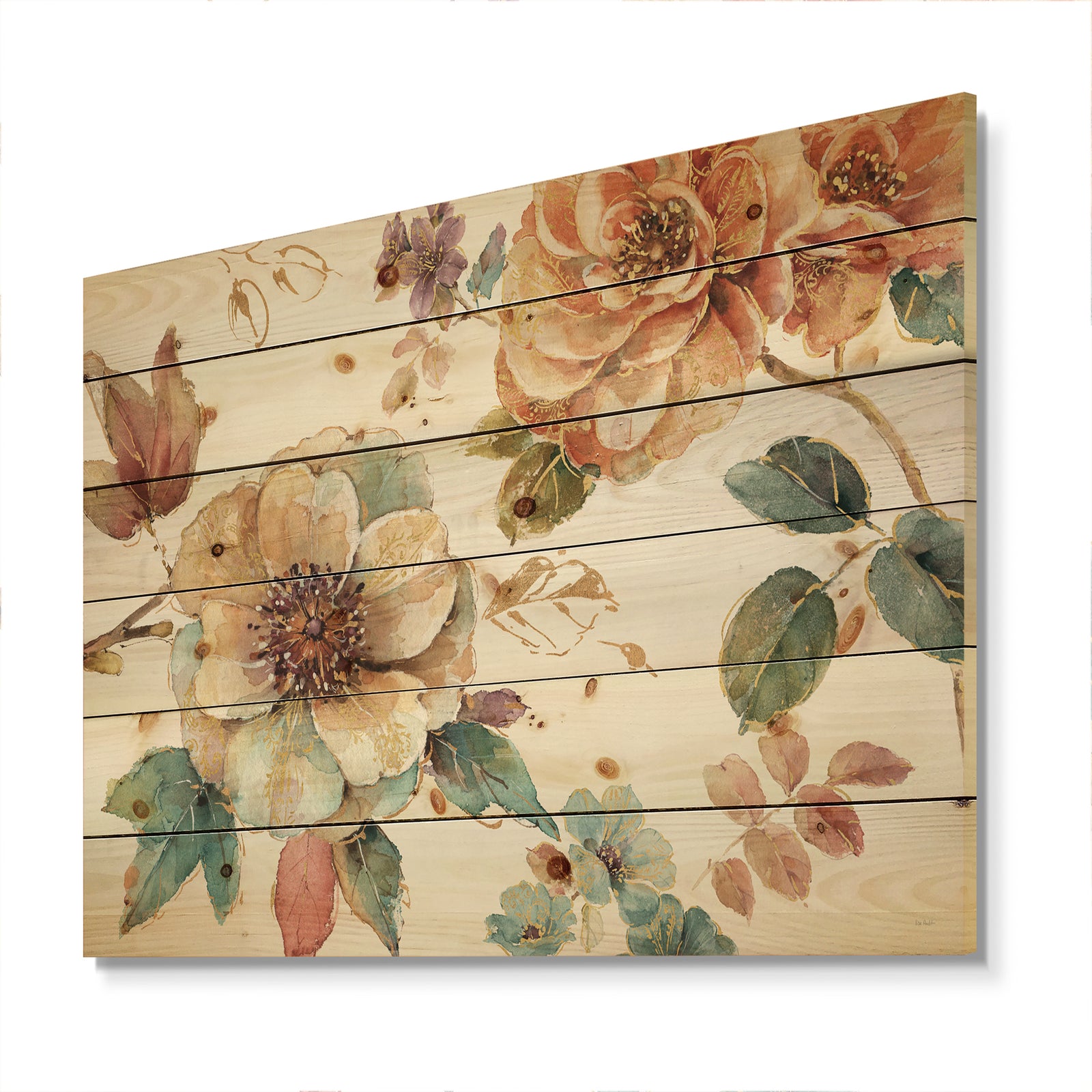 Orange and Cream Cottage Flowers Twig - Traditional Print on Natural Pine Wood