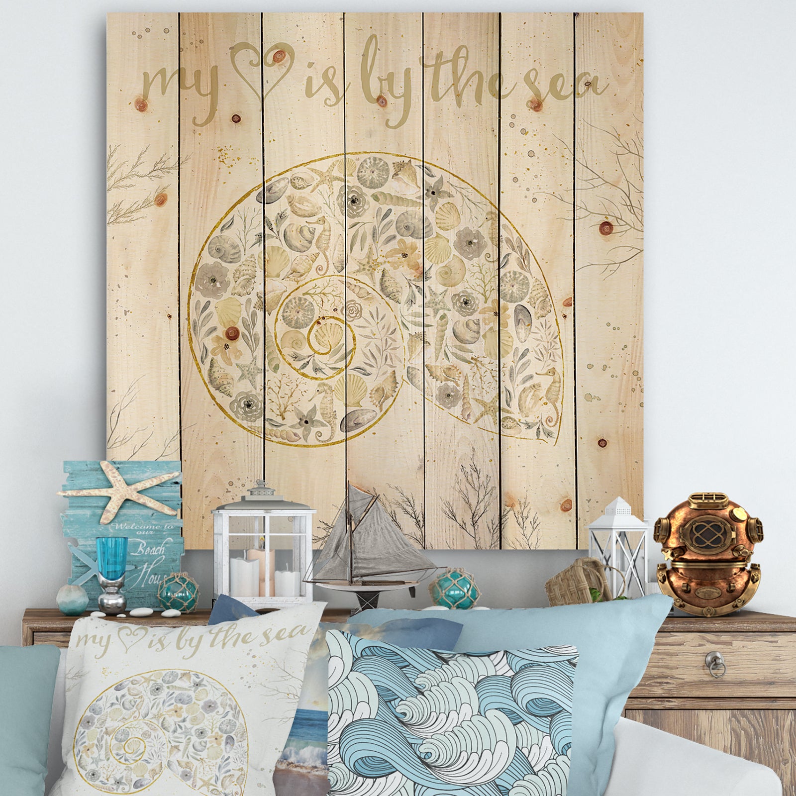 Coastal Floral Blossoms III Neutral - Nautical & Coastal Print on Natural Pine Wood