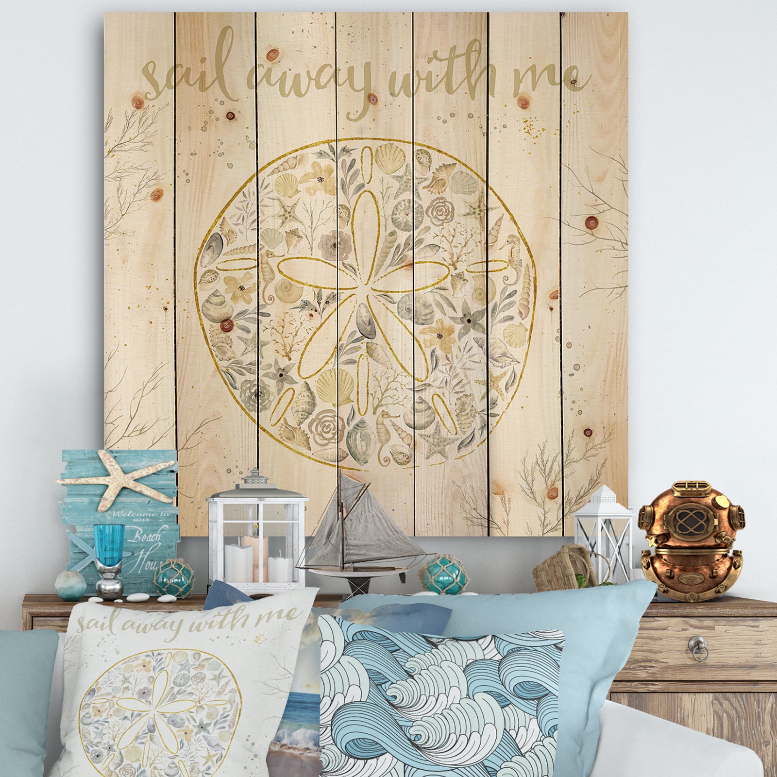 Coastal Floral Blossoms IV Neutral - Nautical & Coastal Print on Natural Pine Wood