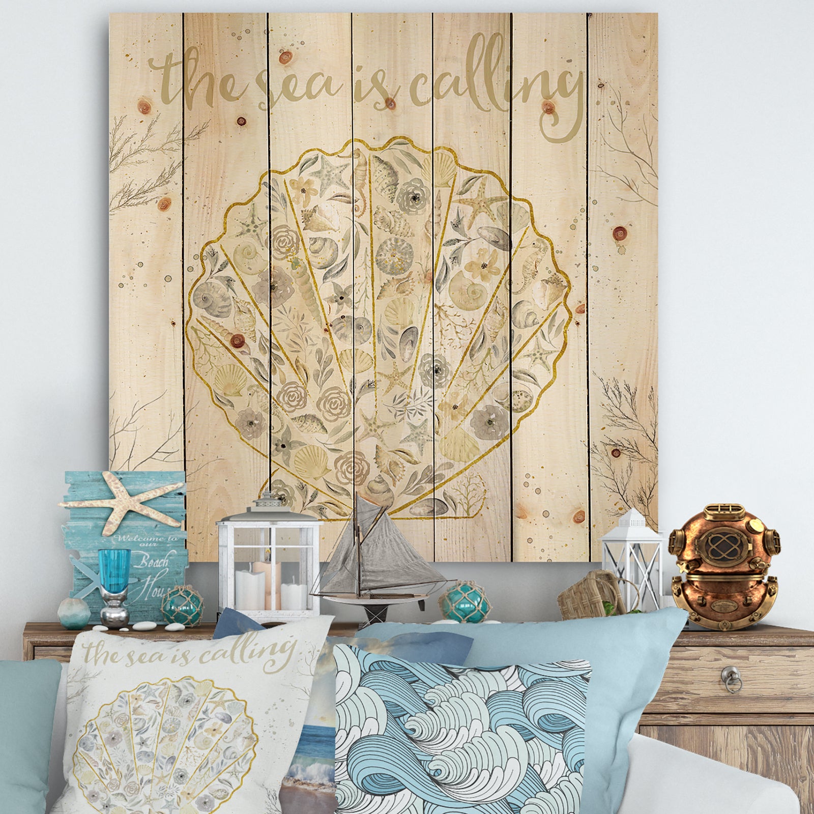 Coastal Floral Blossoms I Neutral - Nautical & Coastal Print on Natural Pine Wood