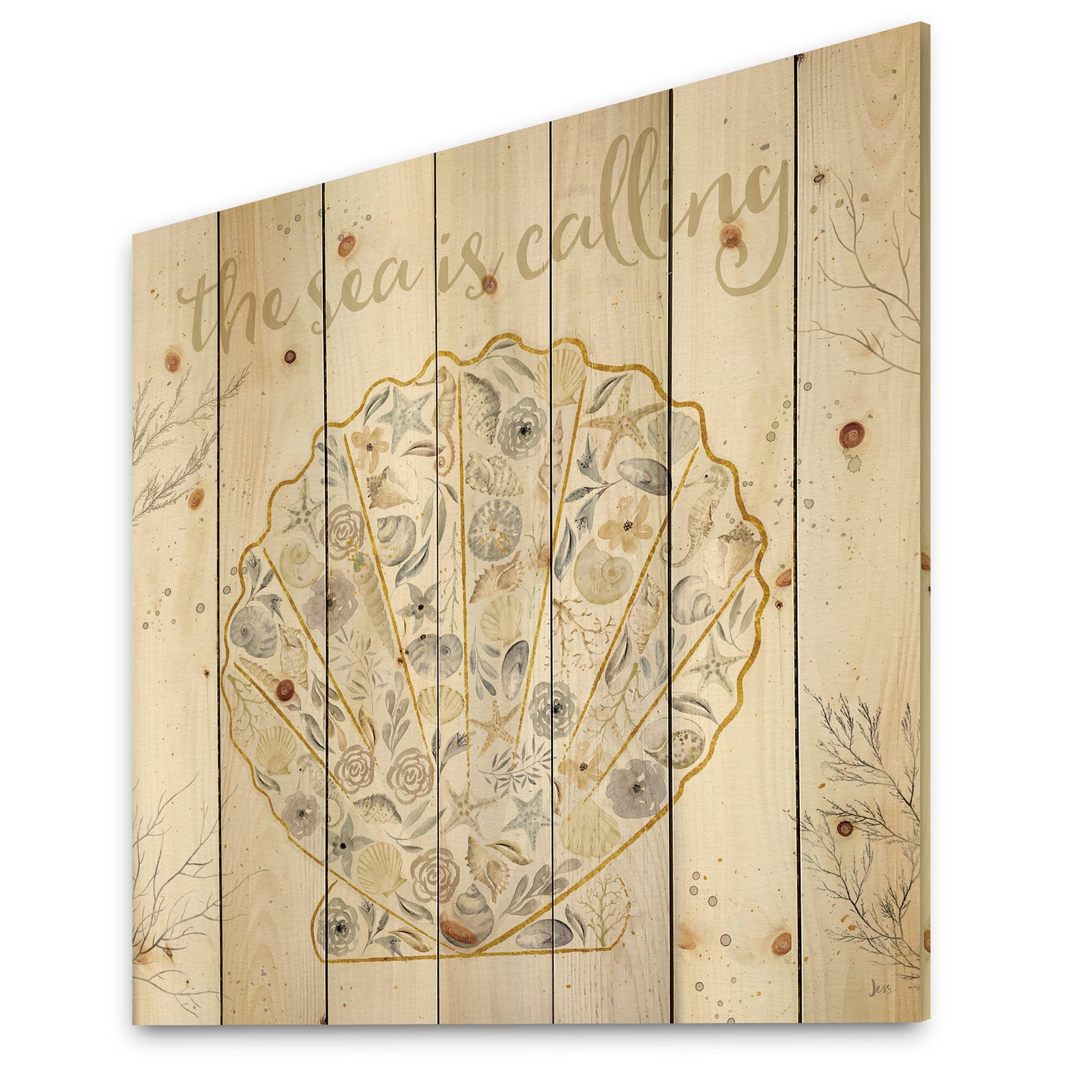 Coastal Floral Blossoms I Neutral - Nautical & Coastal Print on Natural Pine Wood
