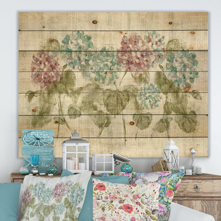 Red and Blue Vibrant Hydrangea Flowers - Cabin & Lodge Print on Natural Pine Wood