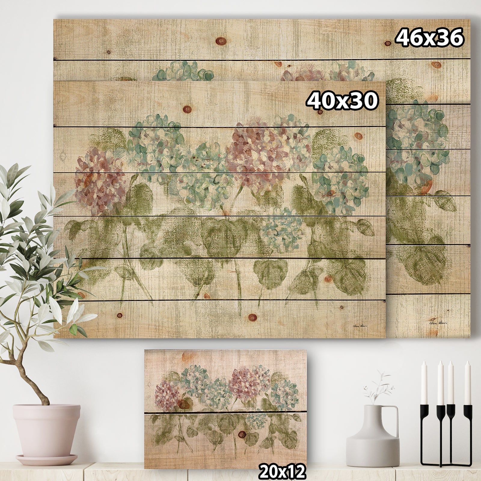 Red and Blue Vibrant Hydrangea Flowers - Cabin & Lodge Print on Natural Pine Wood
