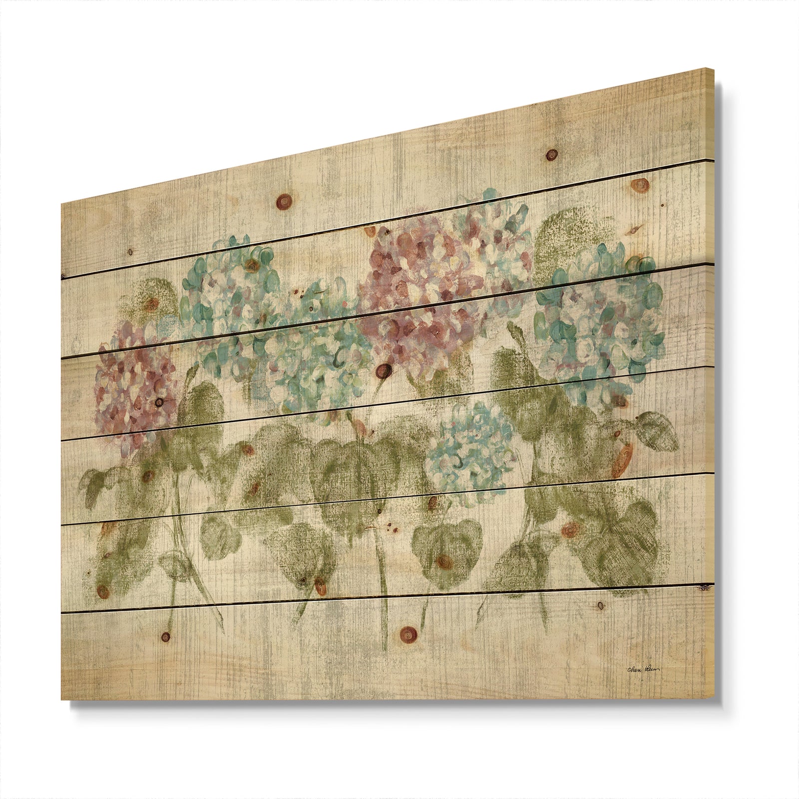 Red and Blue Vibrant Hydrangea Flowers - Cabin & Lodge Print on Natural Pine Wood