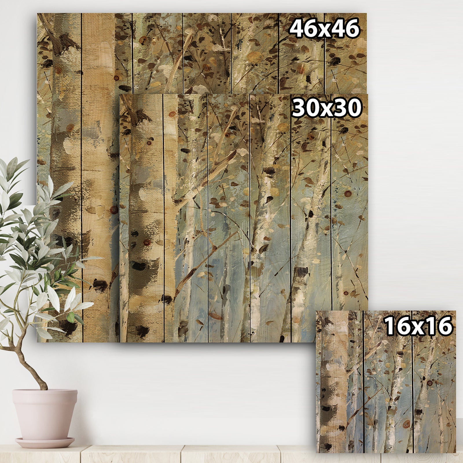 White Birch Forest I - Modern Farmhouse Print on Natural Pine Wood