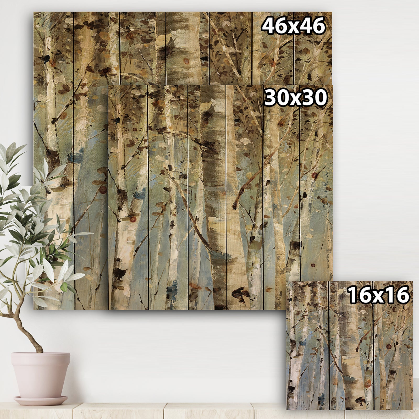 White Birch Forest II - Modern Farmhouse Print on Natural Pine Wood