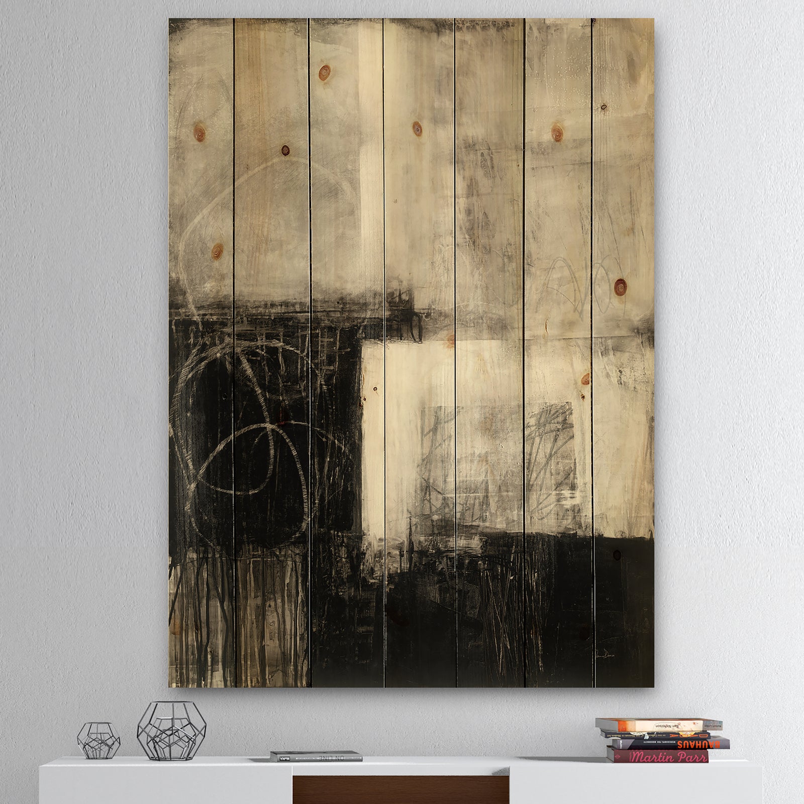 A Geometric Day II - Mid-Century Modern Print on Natural Pine Wood