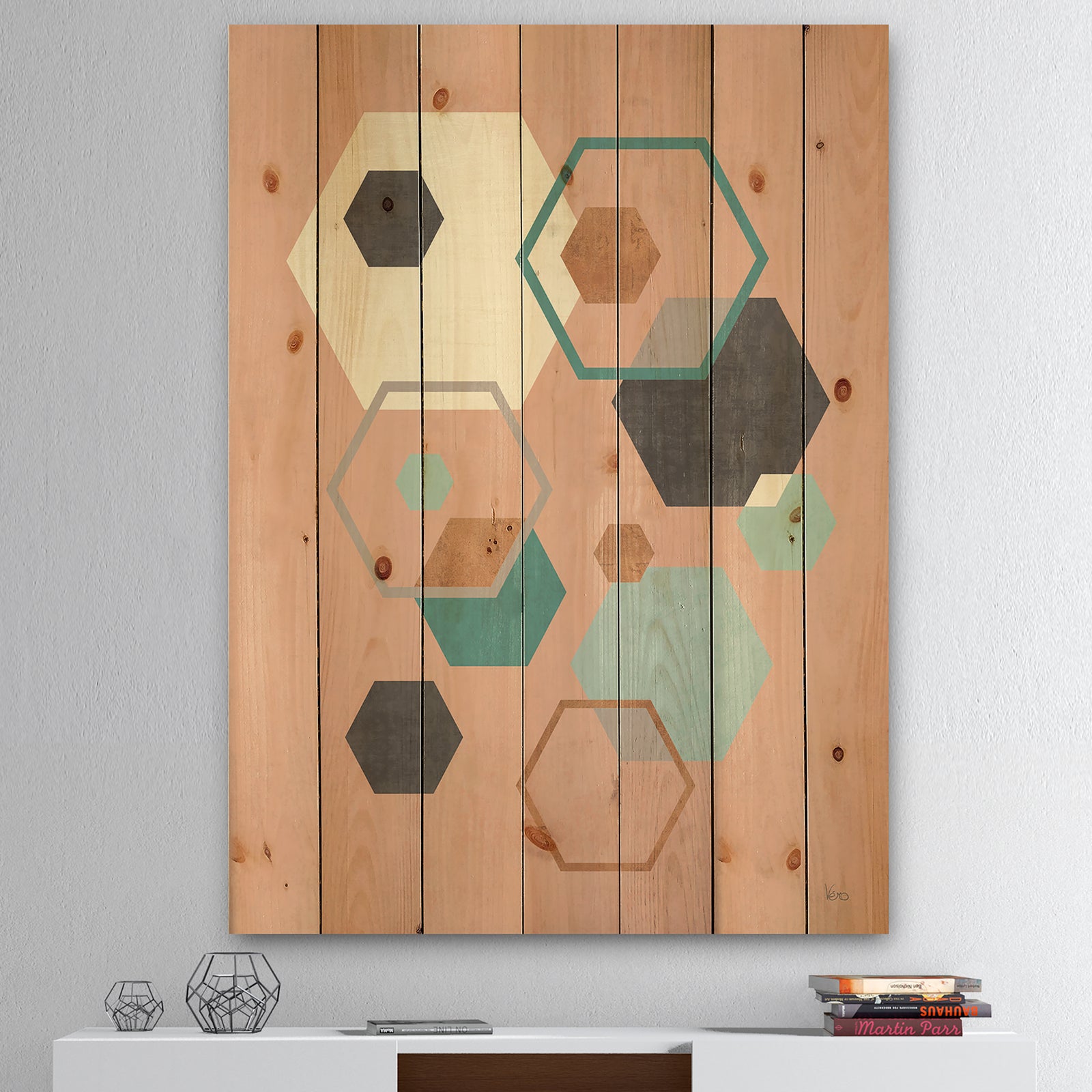 Geometric hexagons Pattern II - Transitional Print on Natural Pine Wood