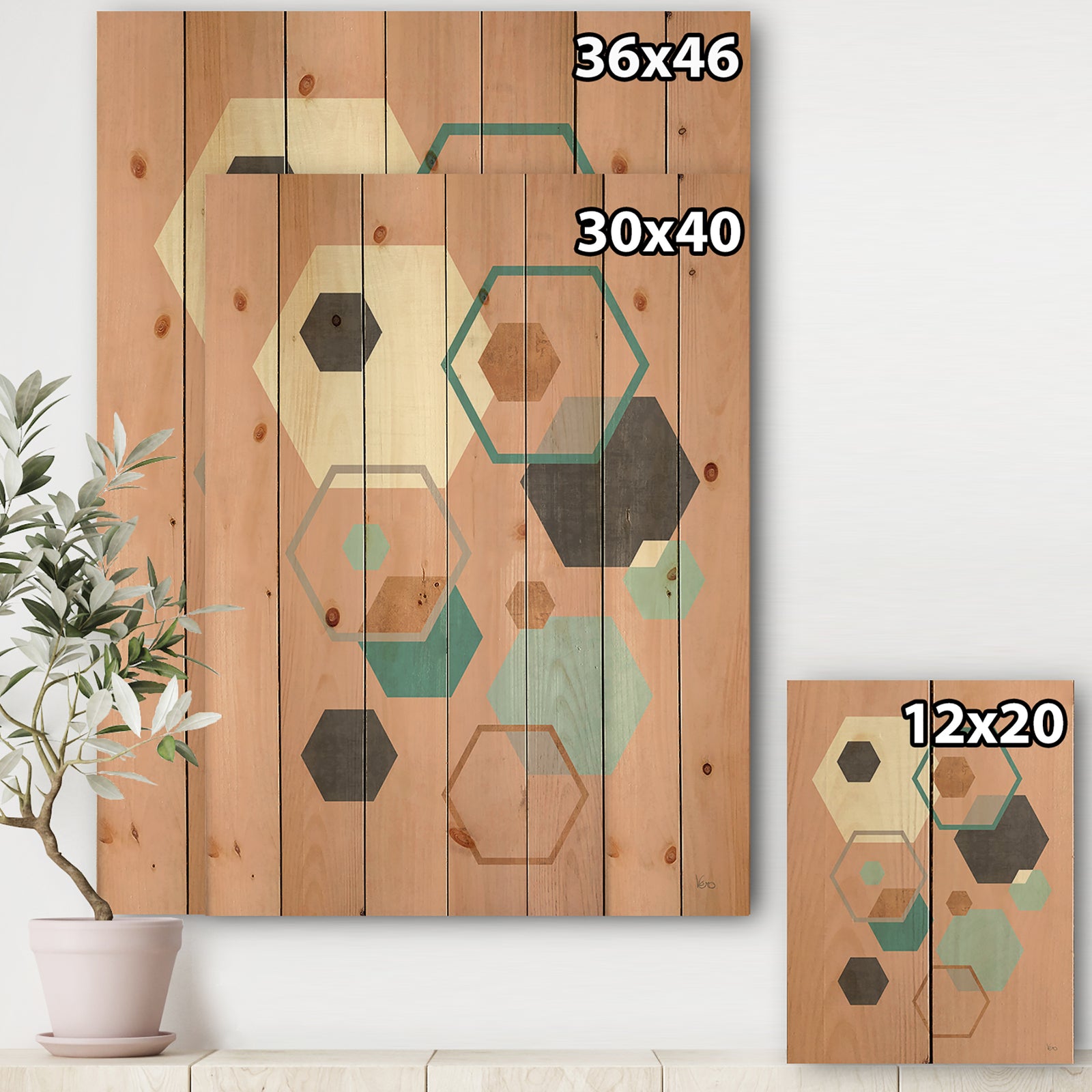 Geometric hexagons Pattern II - Transitional Print on Natural Pine Wood