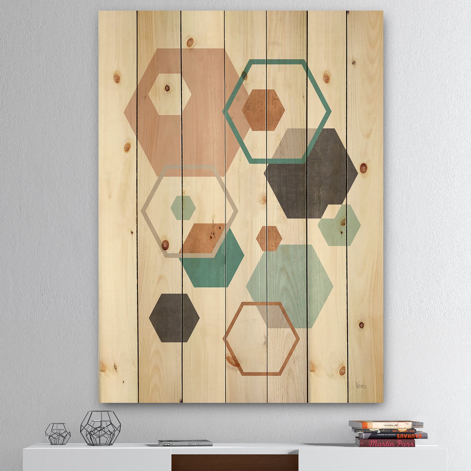 Geometric hexagons Pattern VII - Transitional Print on Natural Pine Wood