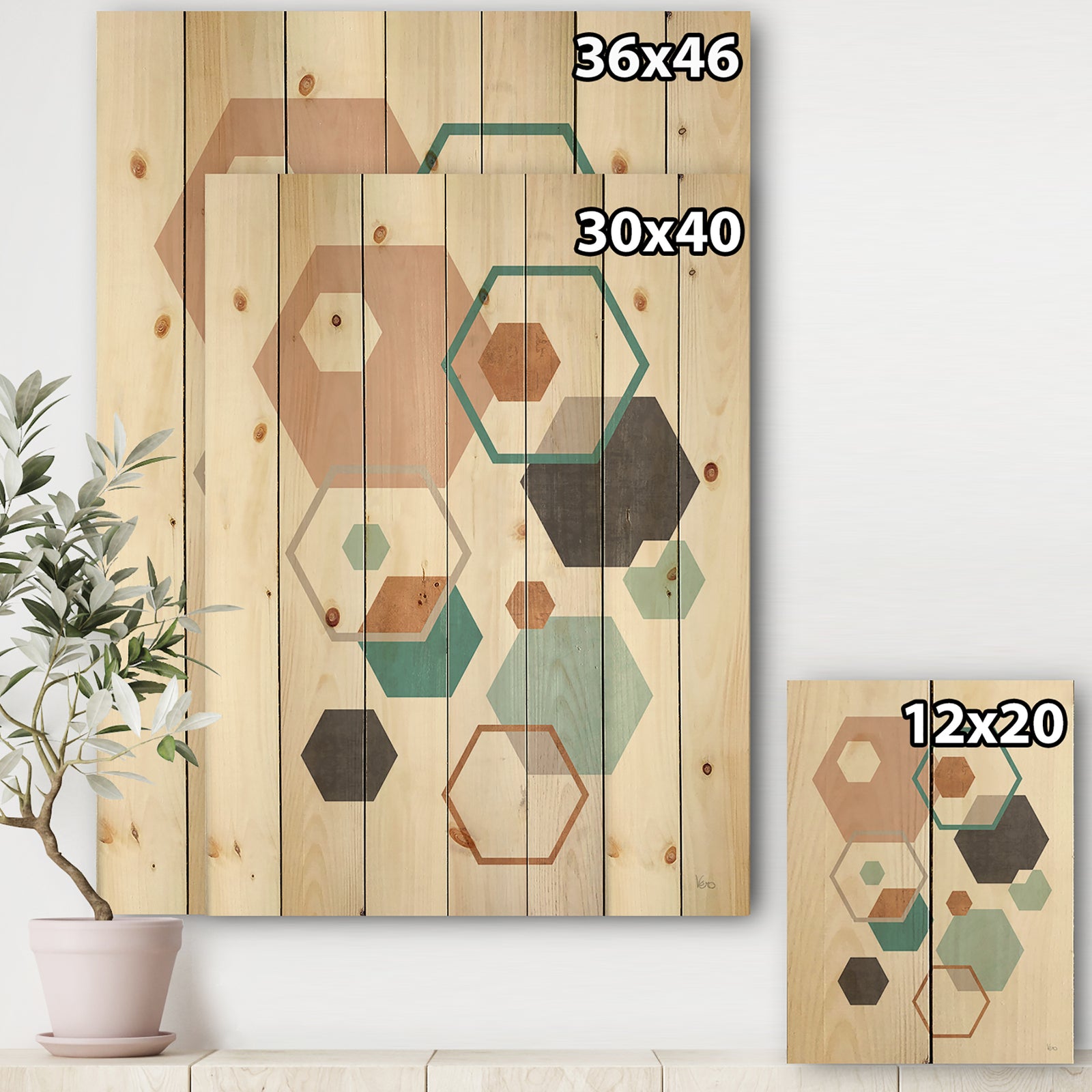 Geometric hexagons Pattern VII - Transitional Print on Natural Pine Wood