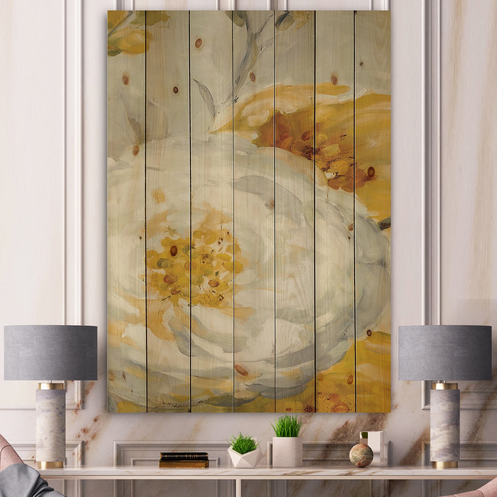 Sunshine Yellow Flower I - Floral Print on Natural Pine Wood