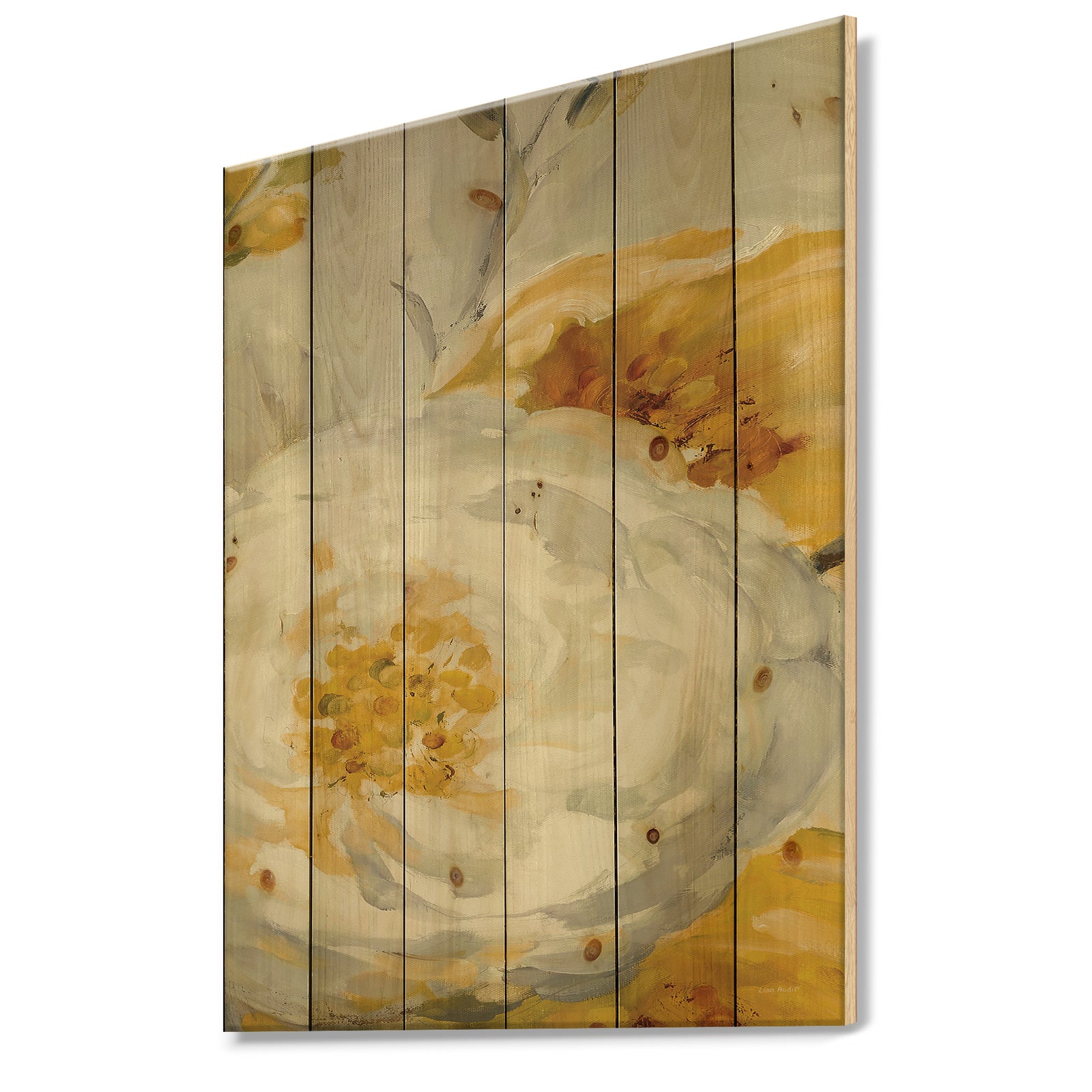 Sunshine Yellow Flower I - Floral Print on Natural Pine Wood