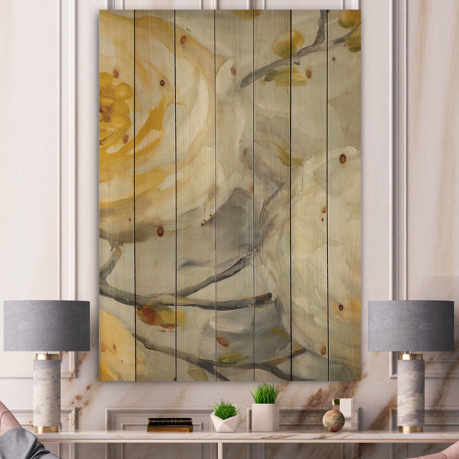 Sunshine Yellow Flower II - Floral Print on Natural Pine Wood
