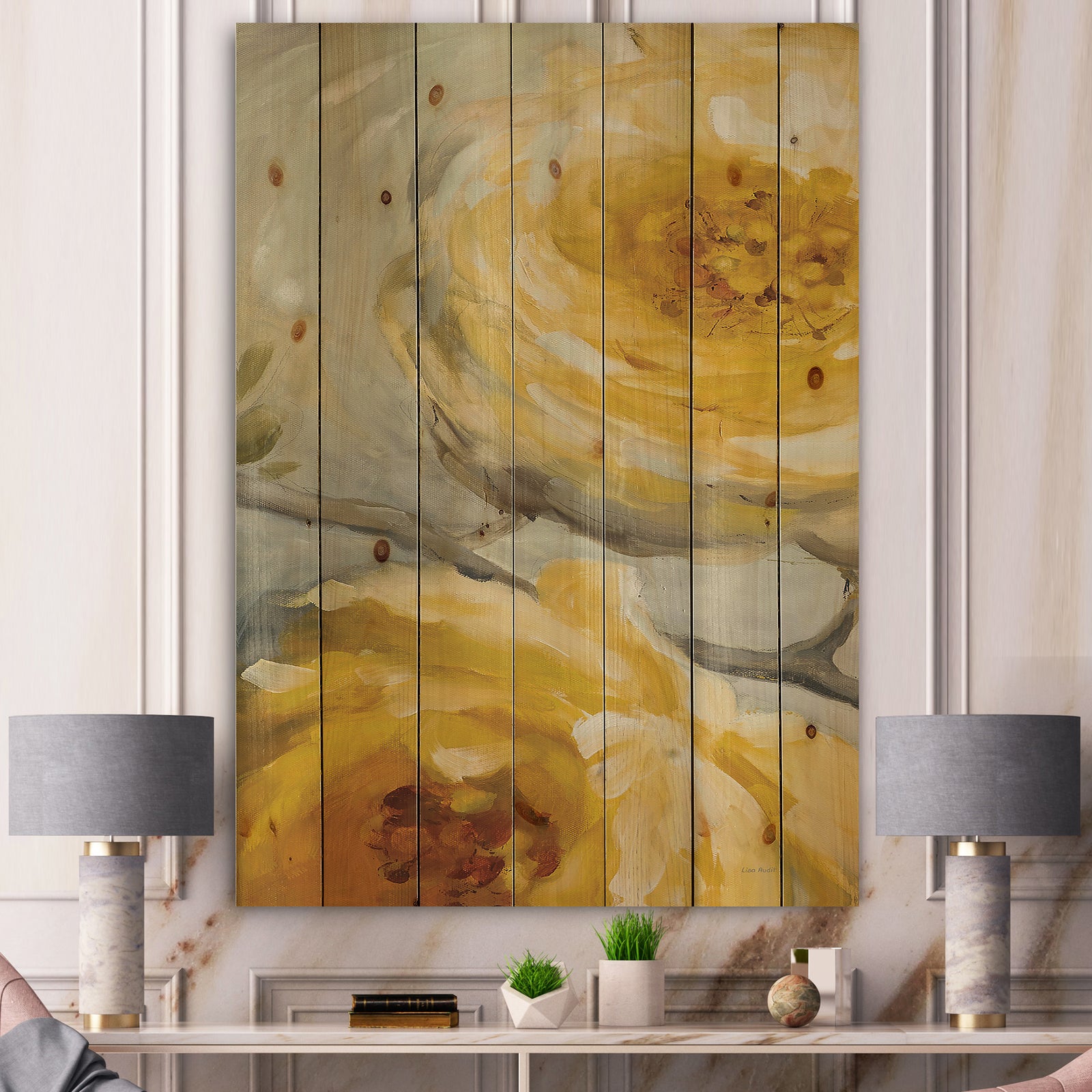 Sunshine Yellow Flower III - Floral Print on Natural Pine Wood