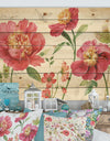 Red Springflowers and Butterfly - Cabin & Lodge Print on Natural Pine Wood