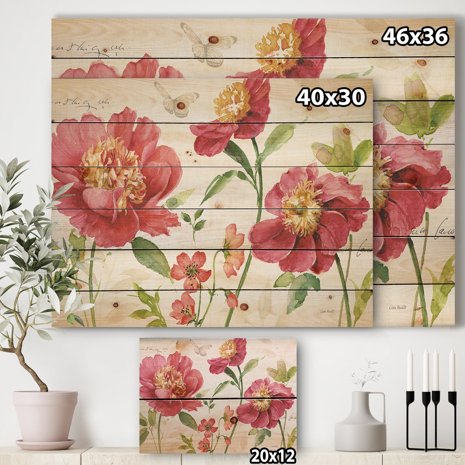 Red Springflowers and Butterfly - Cabin & Lodge Print on Natural Pine Wood