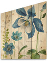 Blue Columbine Flowers With Butterfly - Cabin & Lodge Print on Natural Pine Wood