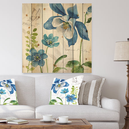 Blue Columbine Flowers With Butterfly - Cabin & Lodge Print on Natural Pine Wood