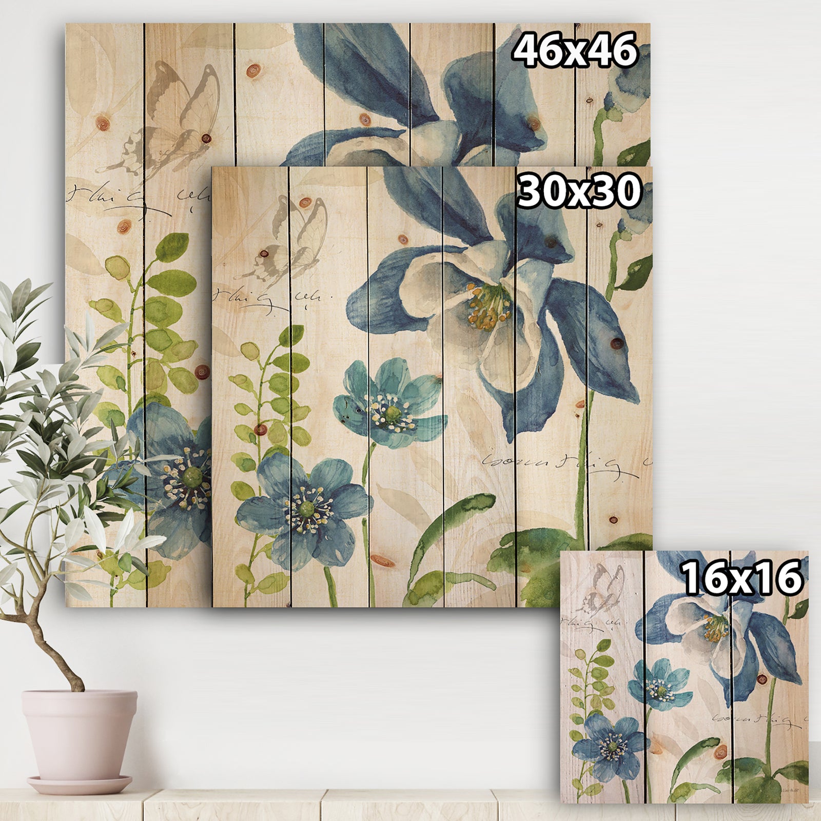 Blue Columbine Flowers With Butterfly - Cabin & Lodge Print on Natural Pine Wood