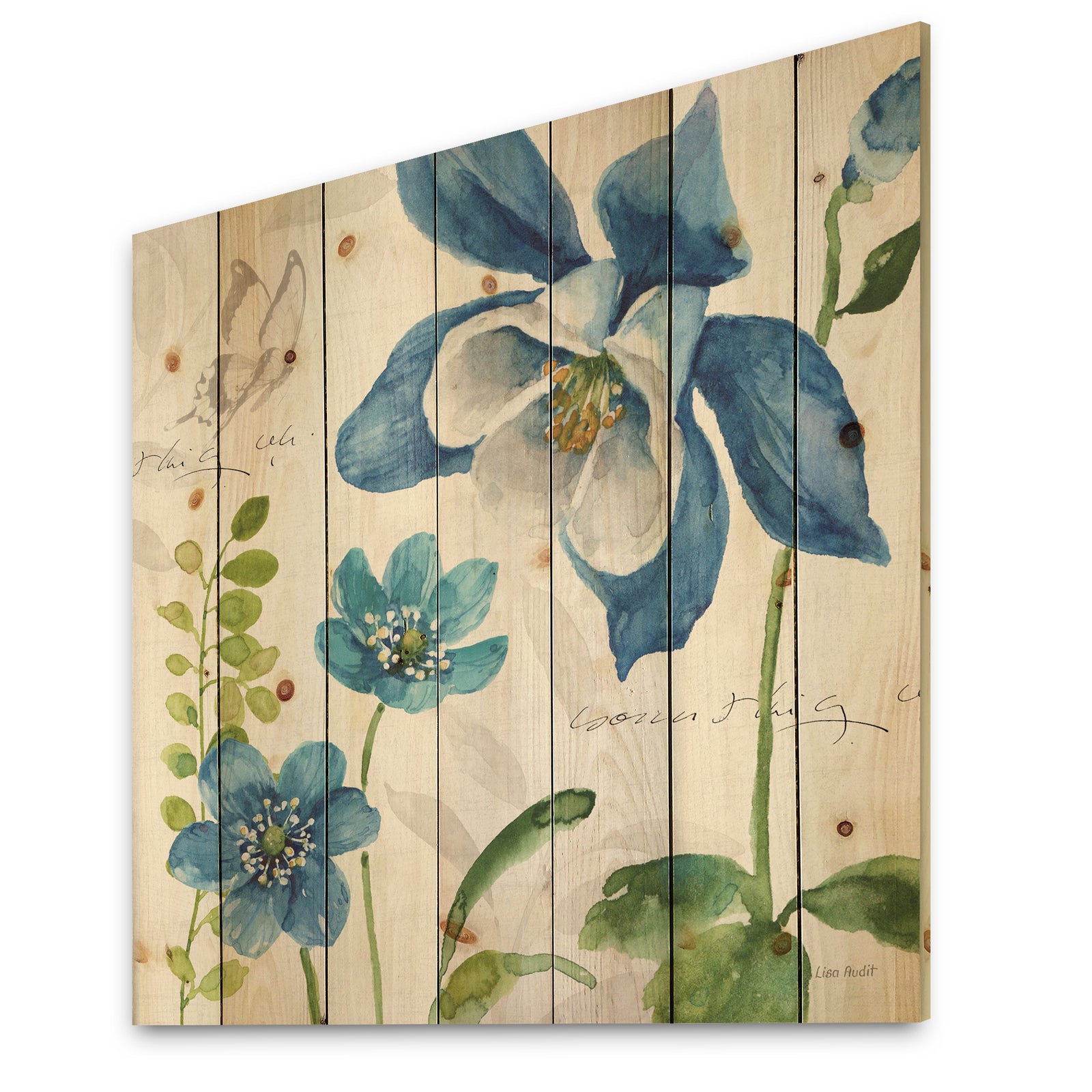 Blue Columbine Flowers With Butterfly - Cabin & Lodge Print on Natural Pine Wood