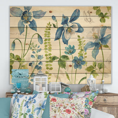 Bluebell and Columbine Wild Flowers with Butterfly - Cabin & Lodge Print on Natural Pine Wood