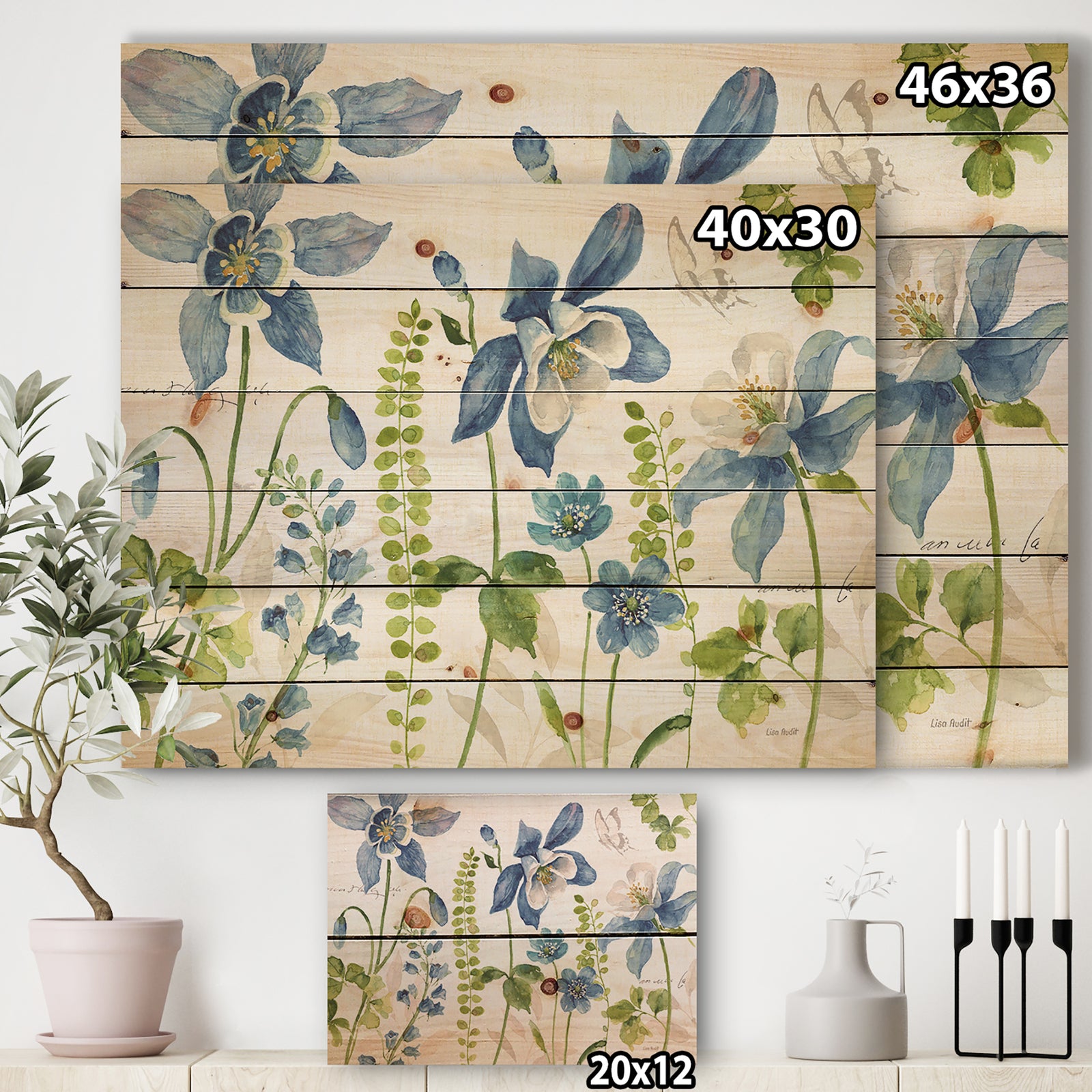 Bluebell and Columbine Wild Flowers with Butterfly - Cabin & Lodge Print on Natural Pine Wood