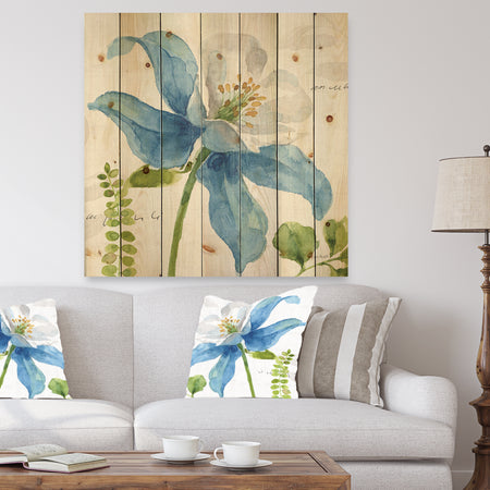 Blue Columbine Wild Flower with Ferns - Cabin & Lodge Print on Natural Pine Wood