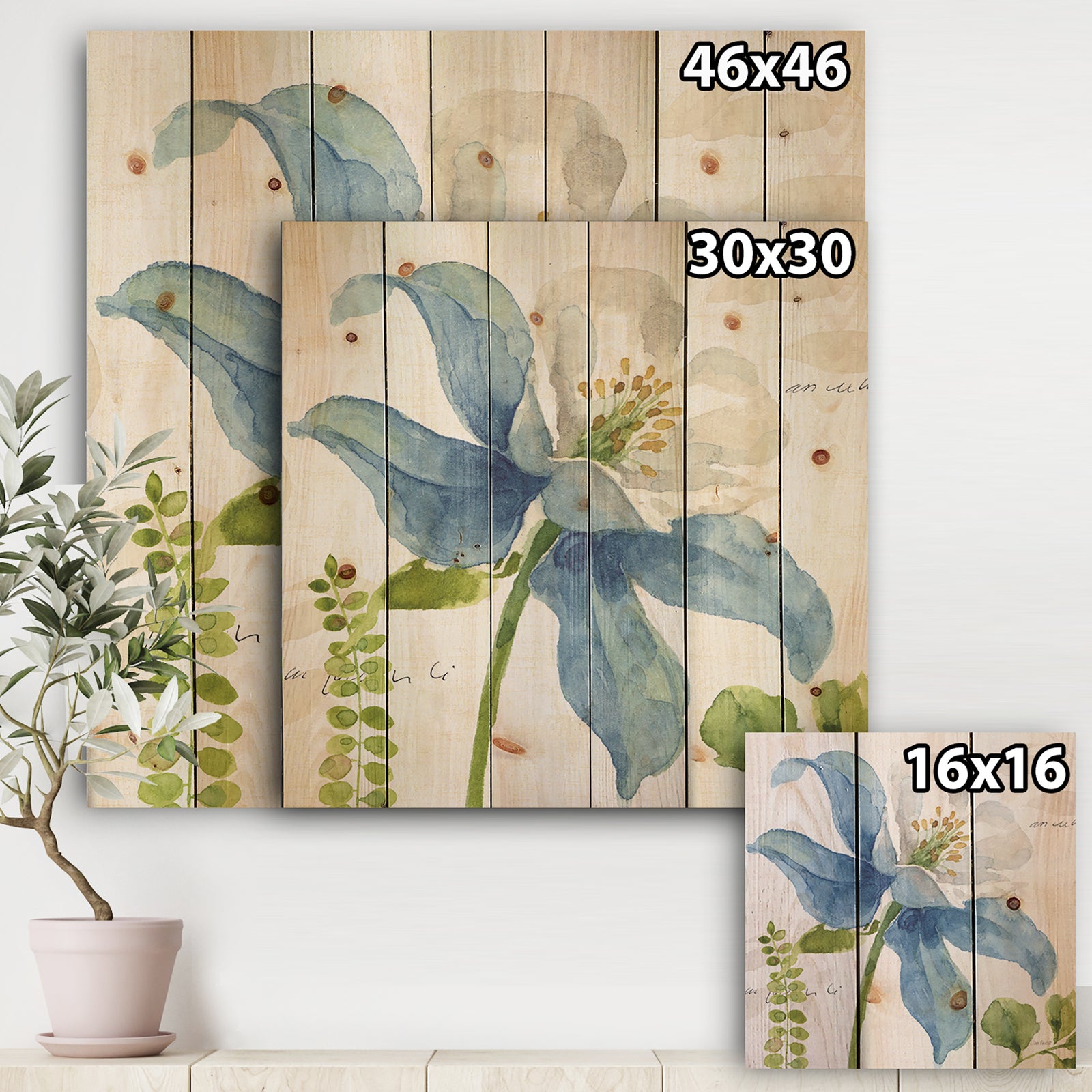 Blue Columbine Wild Flower with Ferns - Cabin & Lodge Print on Natural Pine Wood