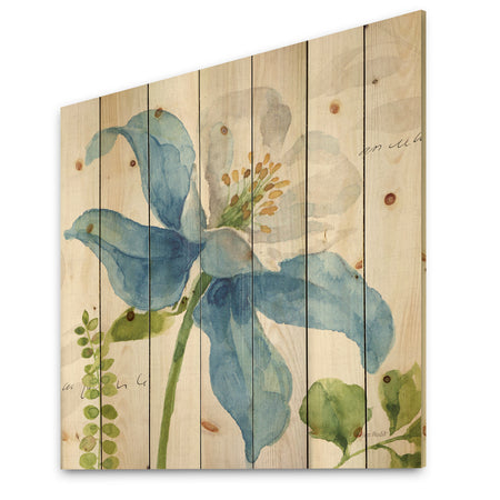 Blue Columbine Wild Flower with Ferns - Cabin & Lodge Print on Natural Pine Wood