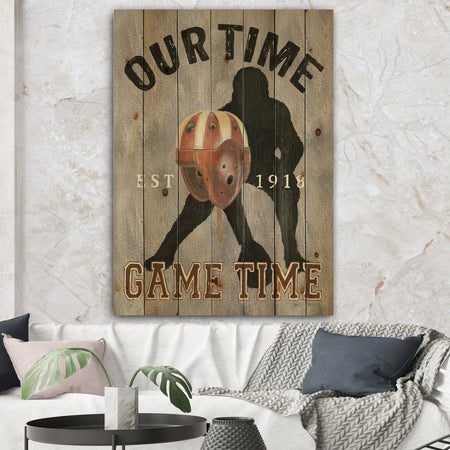 football Game Day I - Vintage Sport Print on Natural Pine Wood