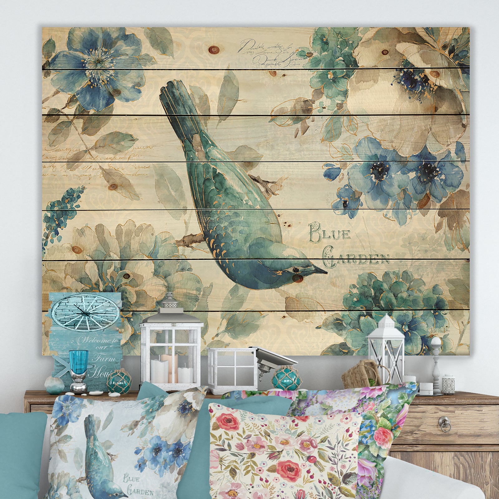 Porch & Den Indigold Bird Cottage Family V - Print on Natural Pine Wood