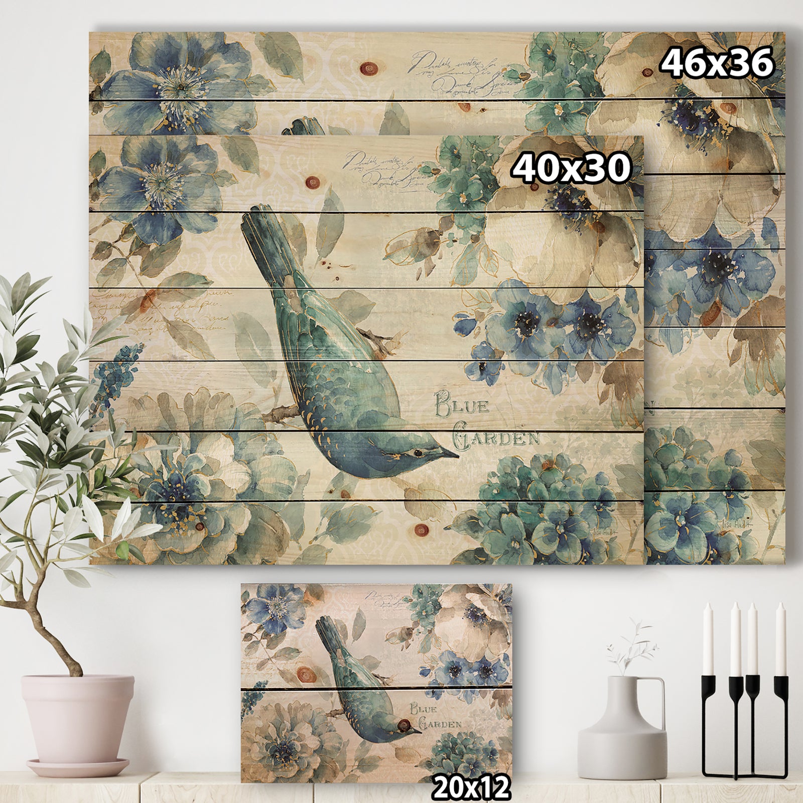 Porch & Den Indigold Bird Cottage Family V - Print on Natural Pine Wood